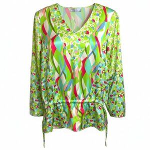 Spiegel Silk Abstract‎ Print Bell Sleeve Drawstring Tunic Styled Blouse